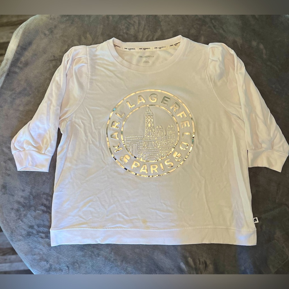 Karl Lagerfeld White Sweatshirt with Silver 3D Paris Graphic pleats shoulder